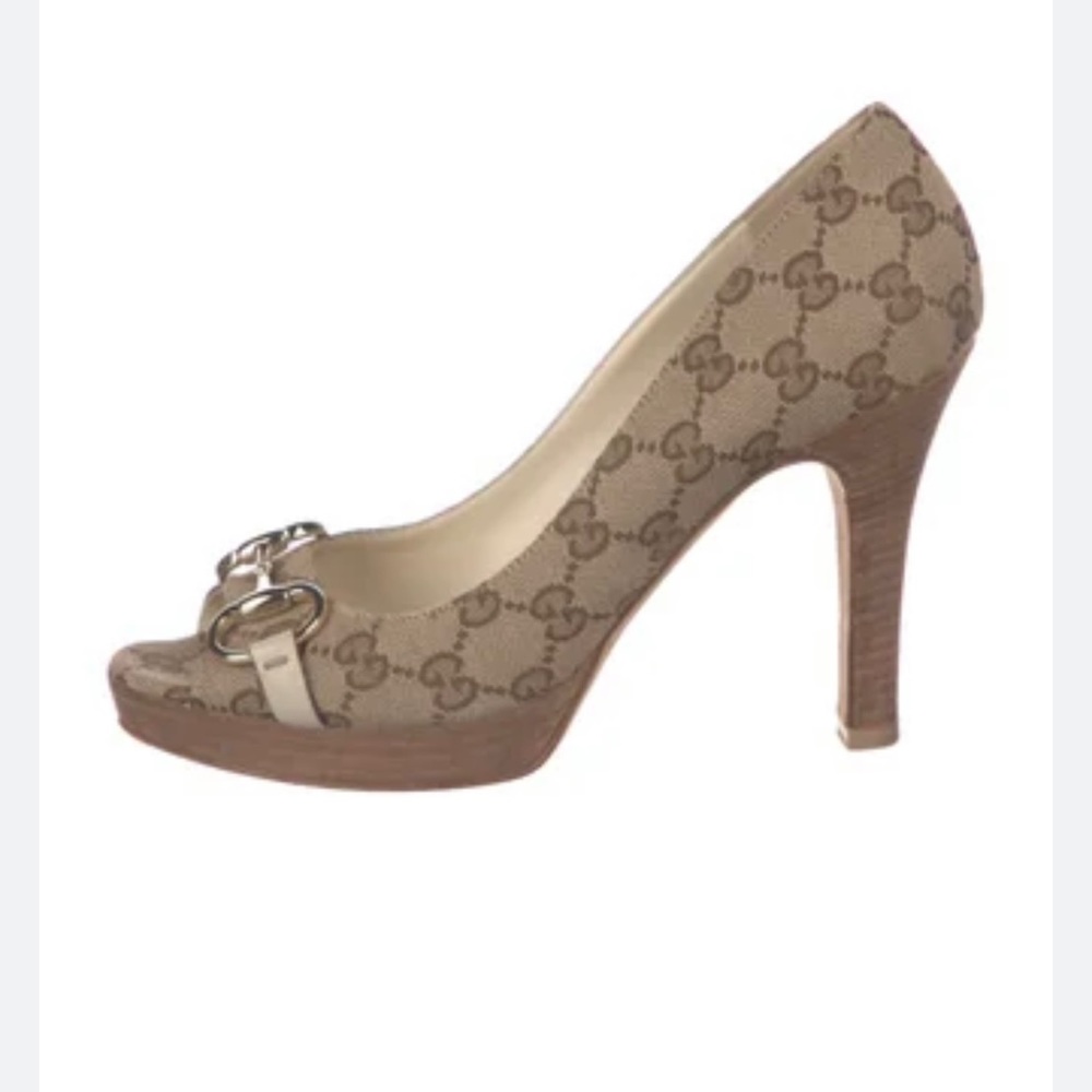 Gucci Beige GG Canvas  Horsebit Peep Toe Pumps